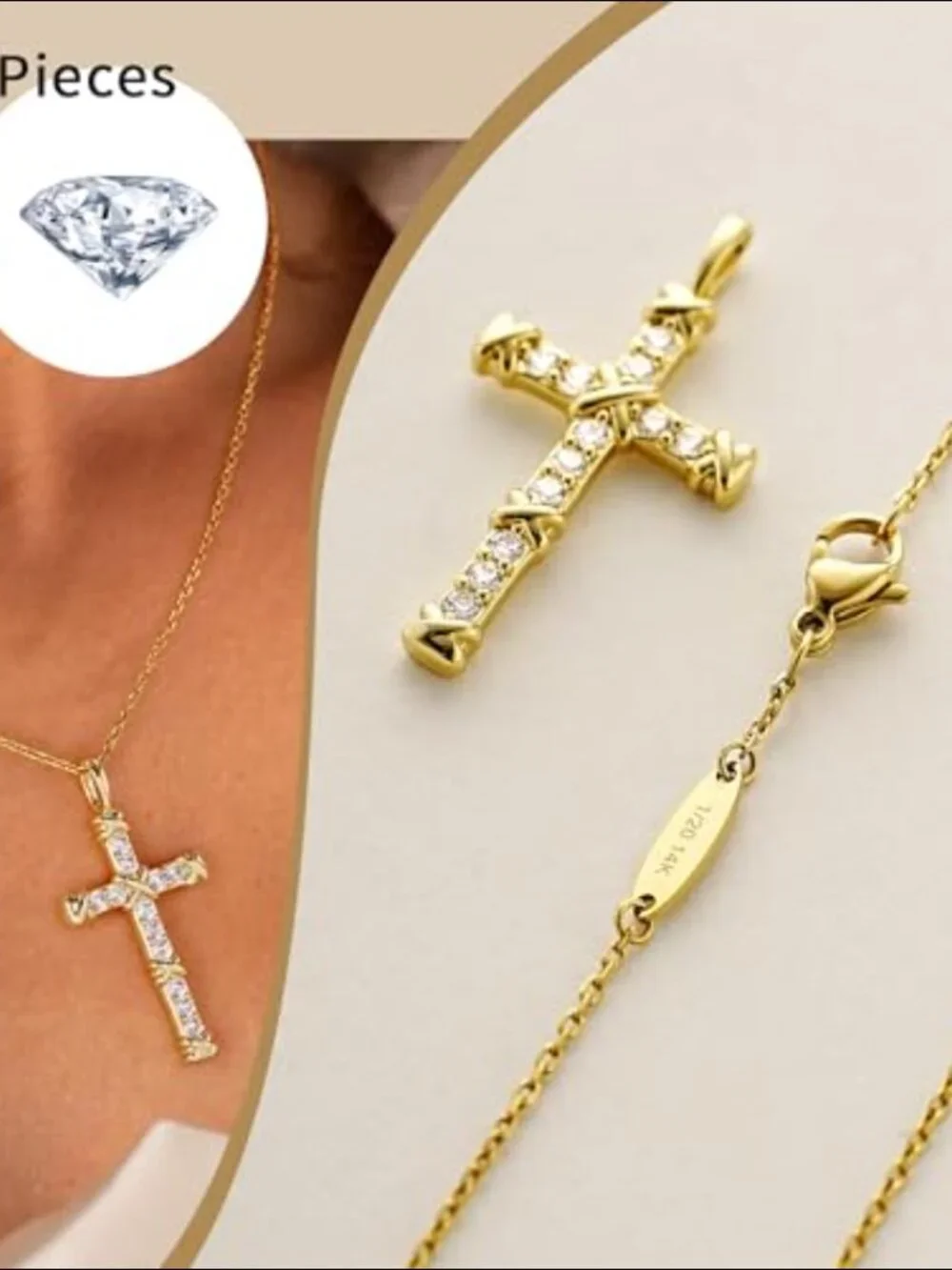 14K Gold Filled Sterling Silver Cross Pendant Necklace with CZ Diamonds - Picture 6 of 7